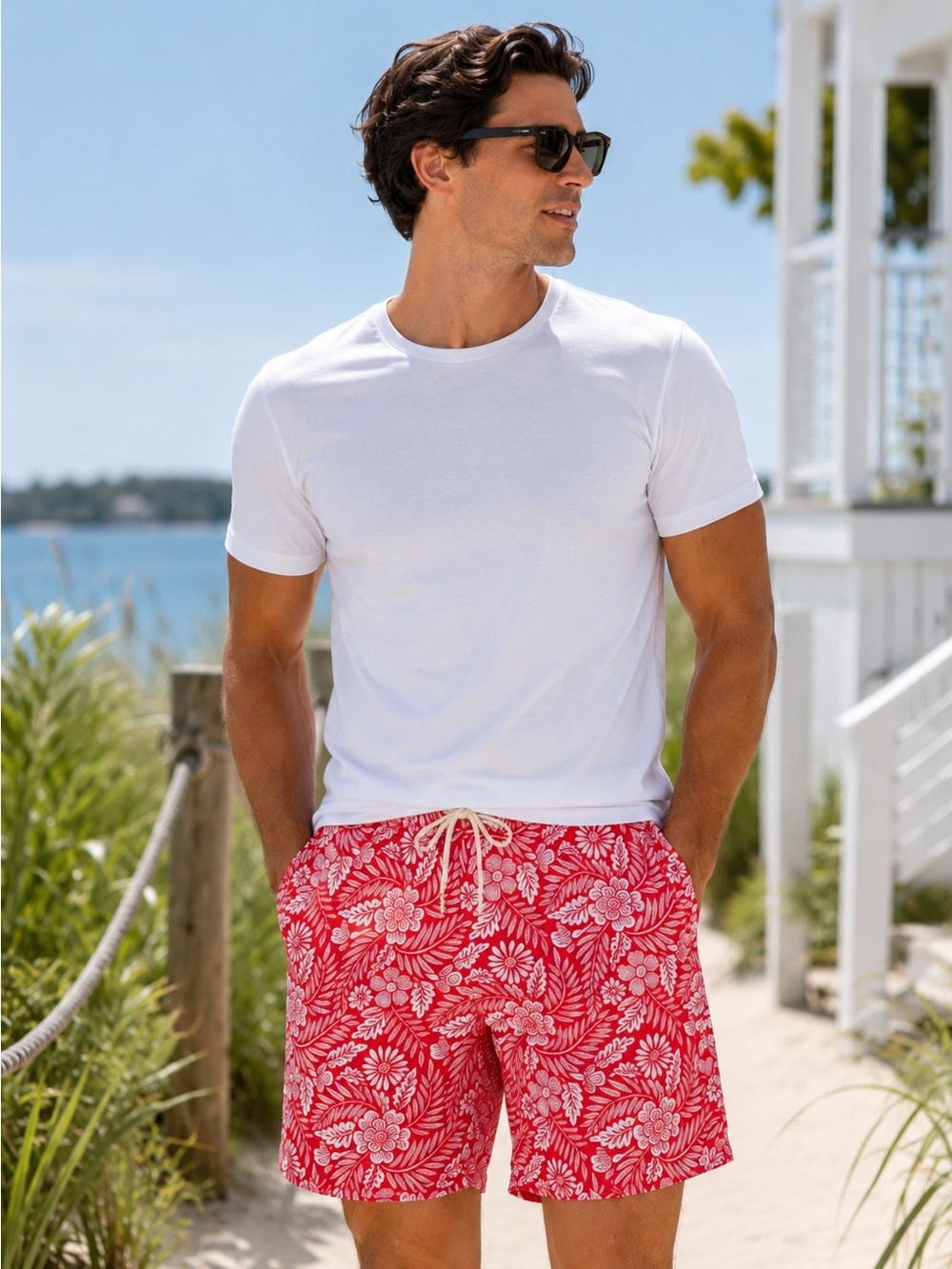Fair Harbor Red Floral Swim Trunks Men’s XL Lined Quick Dry